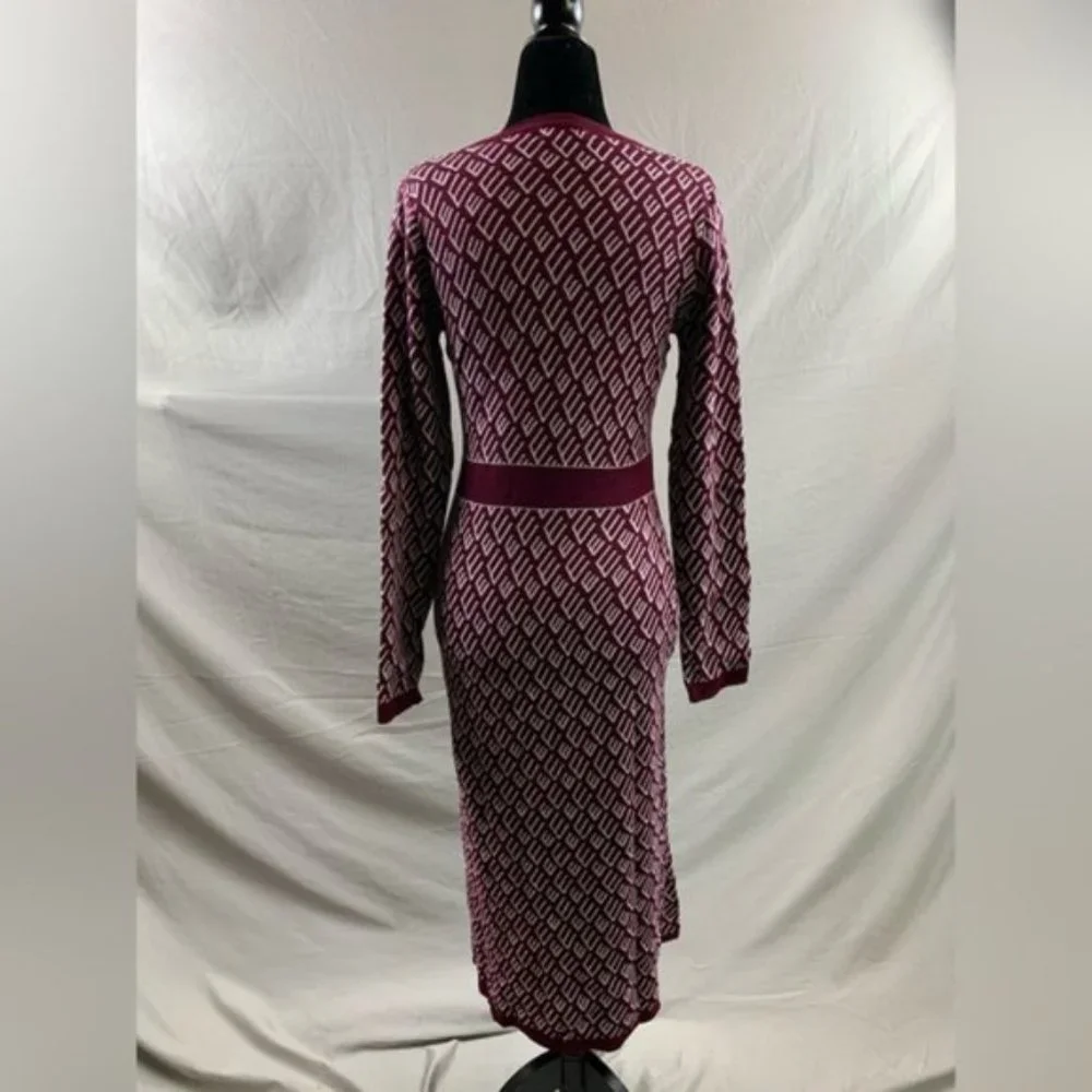 Burgundy Button Front Pattern Sweater Dress - Picture 4 of 5